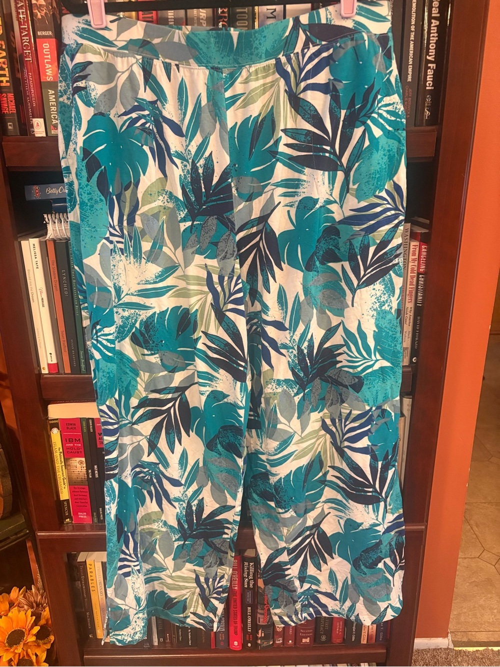 Denim&Co Beach Teal Blue Leaf Wide-Leg Pants